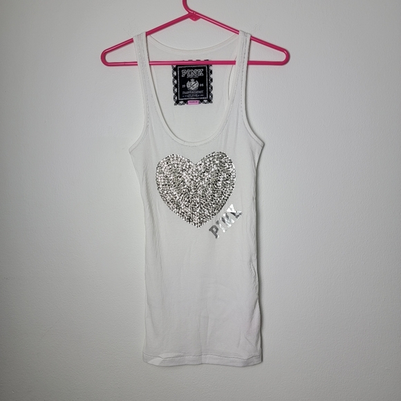 PINK Victoria's Secret Tops - Y2K Pink Victoria's Secret Embellished Heart White Tank Top Size Medium